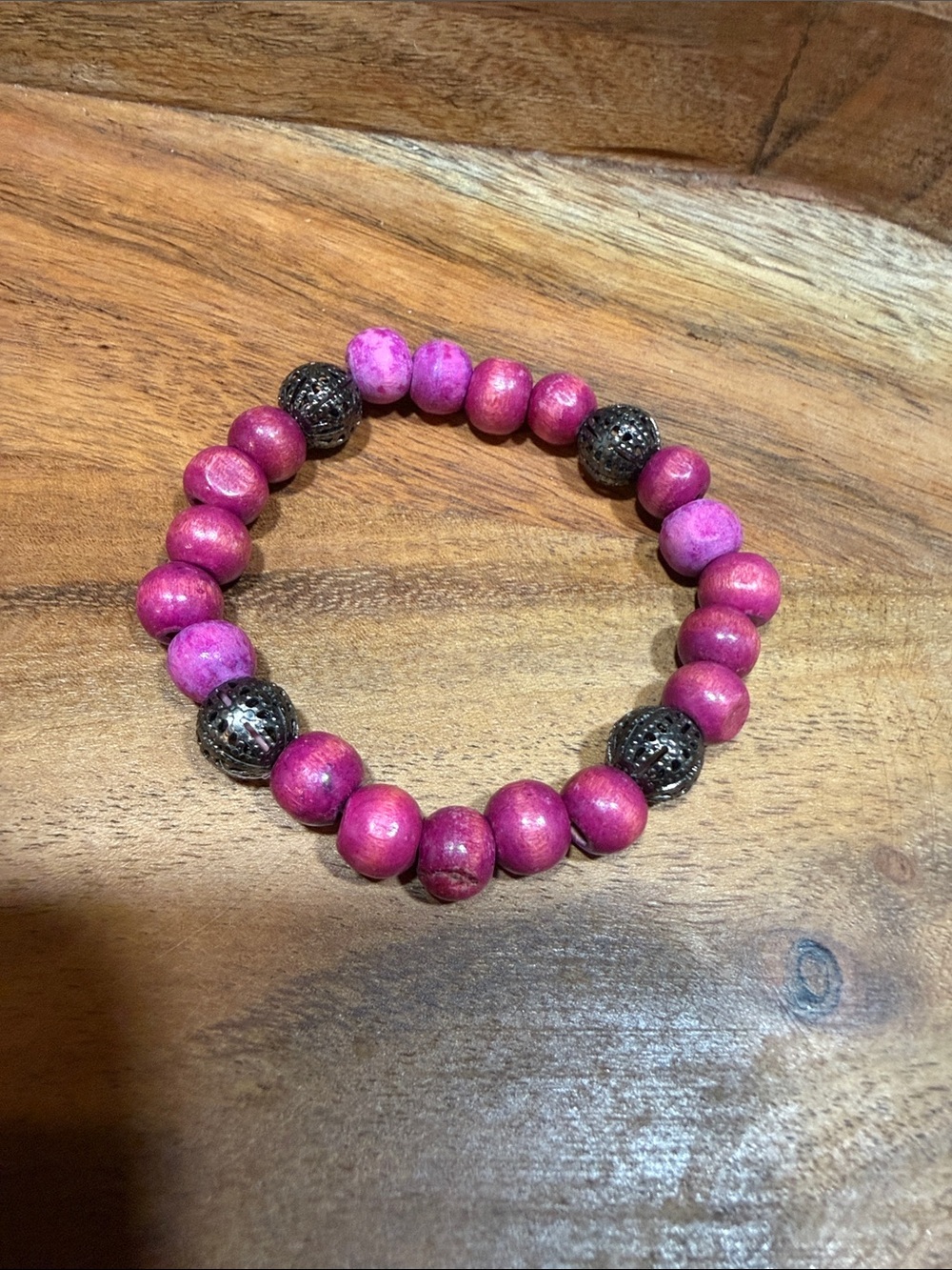 Pink Beaded Stretch Bracelet with Decorative Black Accent Beads